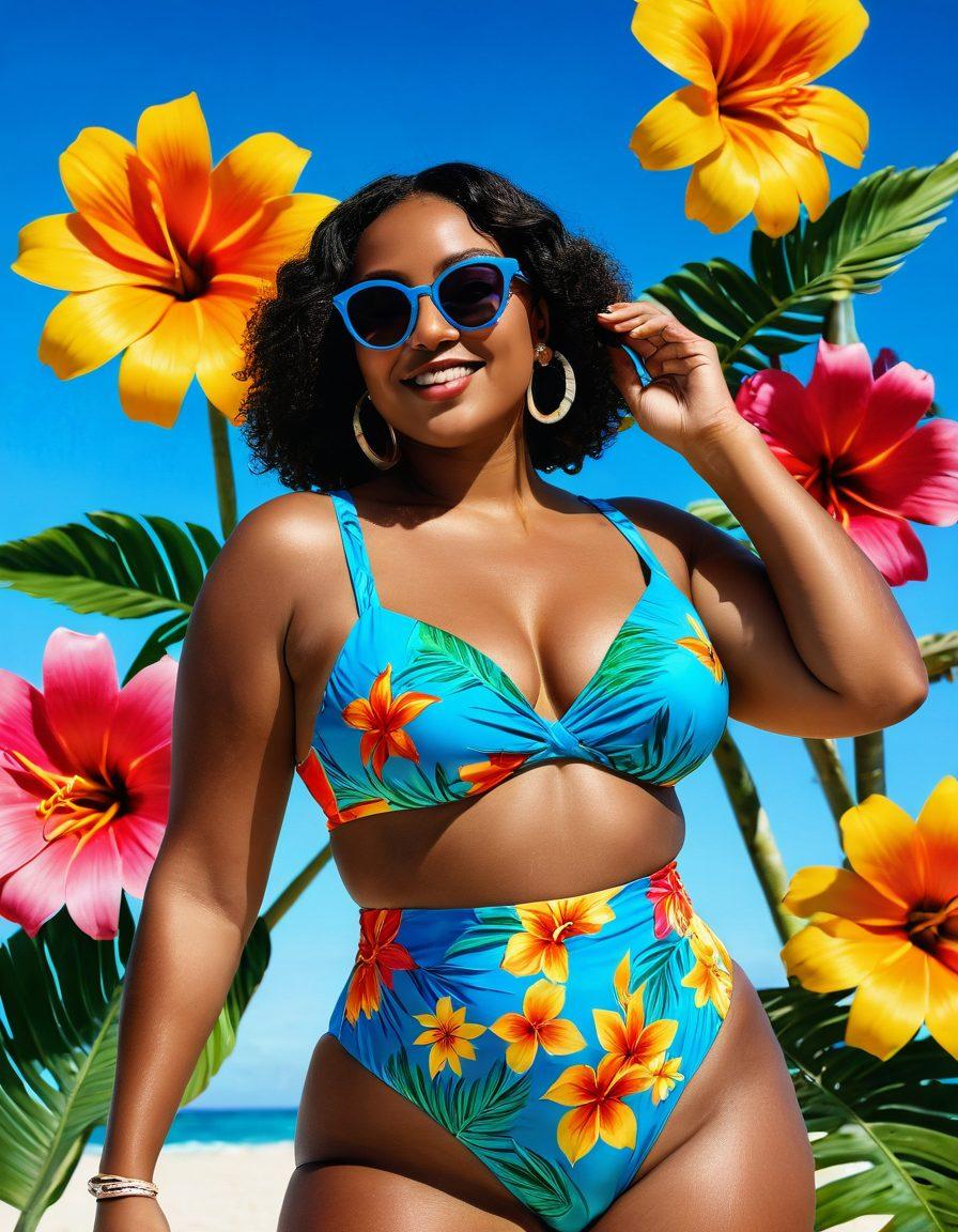 A confident woman of diverse ethnic backgrounds standing on a sun-kissed beach, wearing a stunningly bold swimwear, showcasing body positivity and embracing her curves. Surround her with vibrant beach accessories like tropical flowers and sunglasses, and capture the spirit of joy and empowerment in her expression. The background should feature azure waves and a clear sky, emphasizing a carefree summer vibe. vibrant colors. super-realistic. tropical theme.