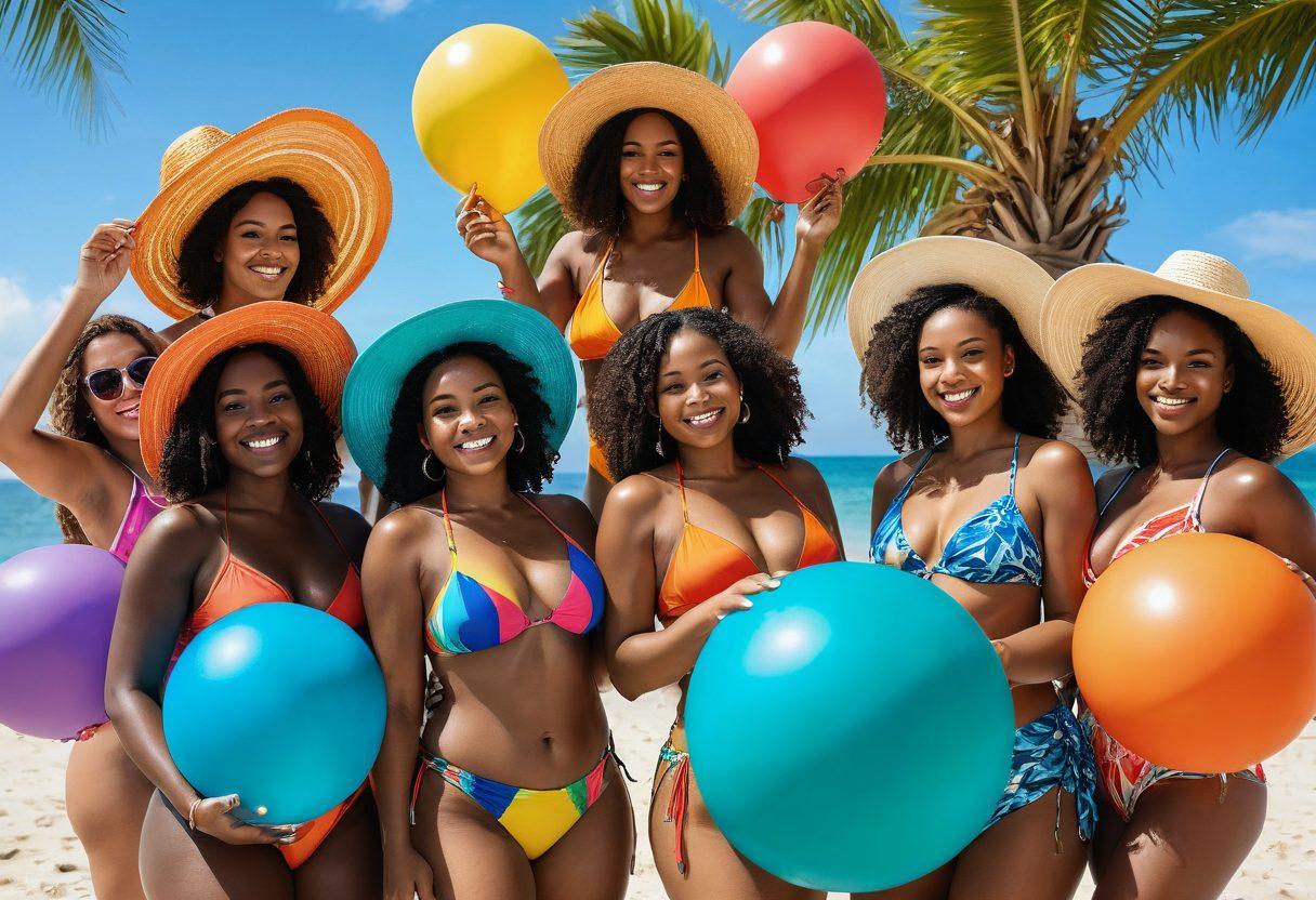 A diverse group of confident women of various shapes and sizes joyfully modeling bold bikinis on a sunny beach, surrounded by vibrant tropical plants and colorful summer beach accessories. The atmosphere is lively, capturing the essence of summer fun and empowerment. Include playful elements like beach balls, sun hats, and a bright blue ocean in the background. bright colors. vibrant summer theme. super-realistic.